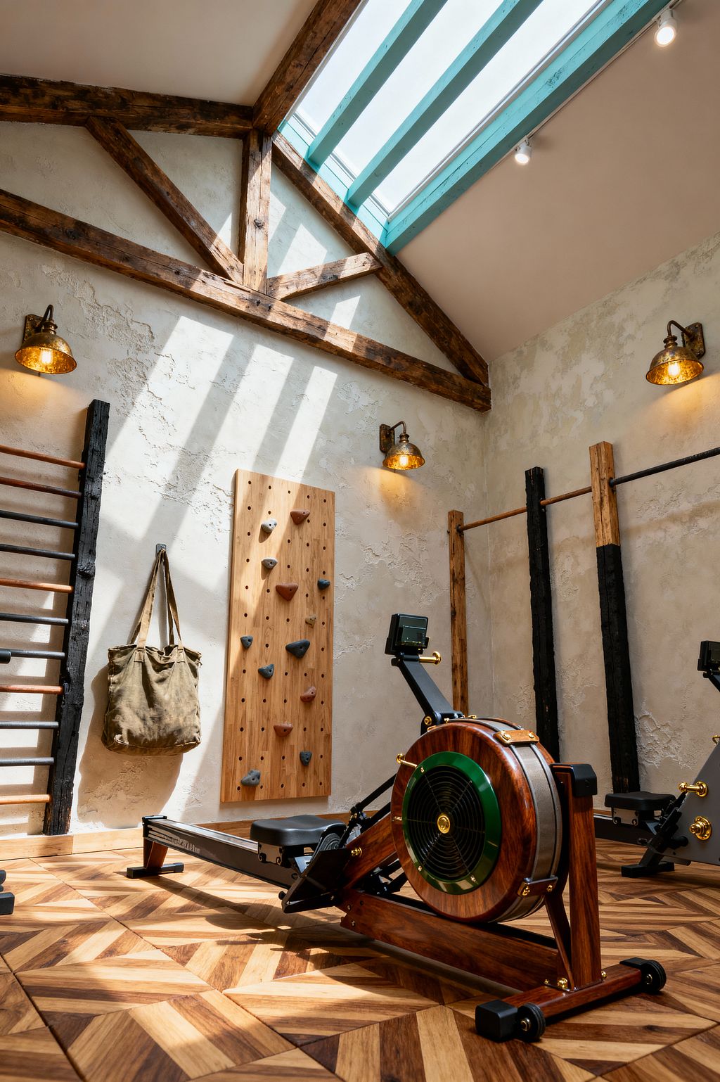 A rustic home gym with a sloped ceiling features exposed reclaimed timber trusses and a large skylight framed by teal beams that flood the room with daylight. Textured plaster walls hold patinated brass sconces, a Swedish ladder, a slim climbing wall panel, and charred-wood uprights with horizontal bars. On chevron-patterned oak parquet flooring sits a wood-framed rowing machine with green and brass details, with additional equipment partially visible at right.