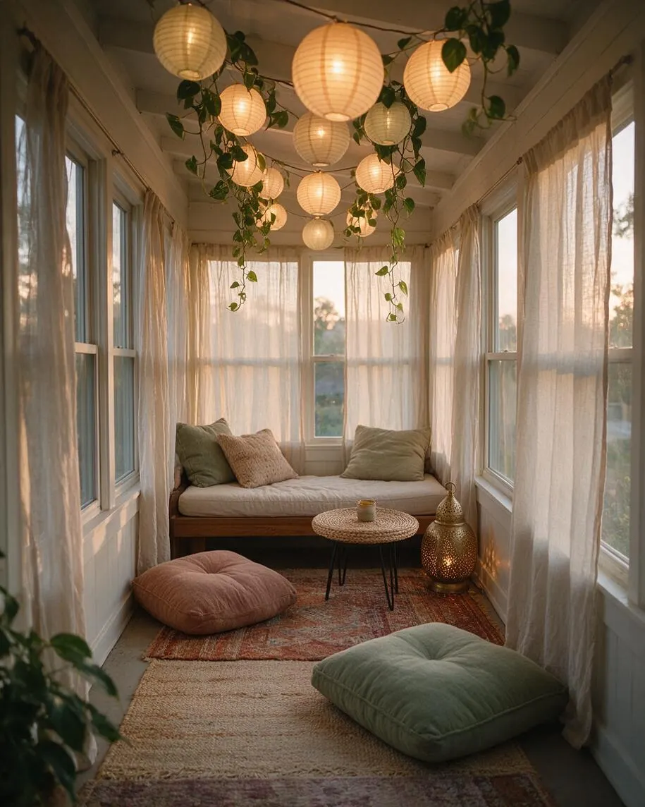 A narrow sunroom with tall windows draped in sheer curtains, a cushioned wooden bench at the far end, and floor pillows on layered rugs. Warm paper lanterns and trailing greenery hang from the ceiling, creating a cozy bohemian retreat.