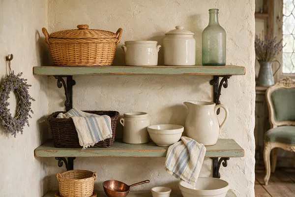 A rustic French Country wall vignette features distressed sage-green shelves supported by black iron brackets and styled with wicker baskets, cream ceramic crocks, pitchers, bowls, and a green glass bottle. Soft striped linens and a textured plaster wall add to the warm, lived-in farmhouse feel.