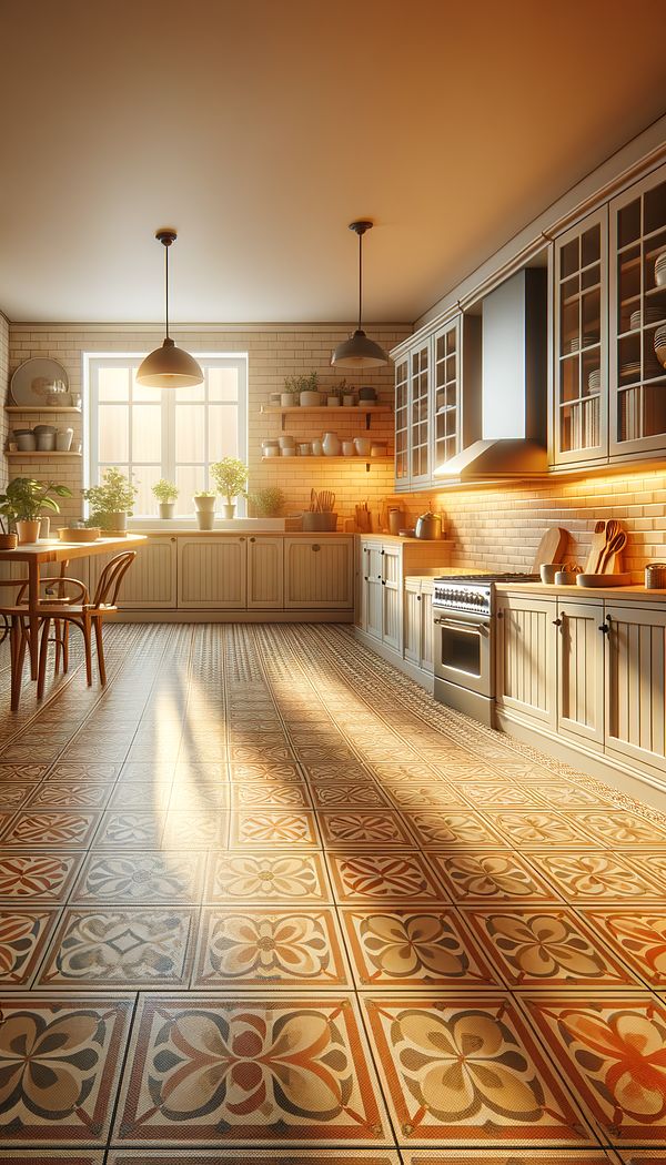 A warm, brightly lit kitchen with linoleum flooring in a modern pattern, showcasing how linoleum can add color and pattern to a space.