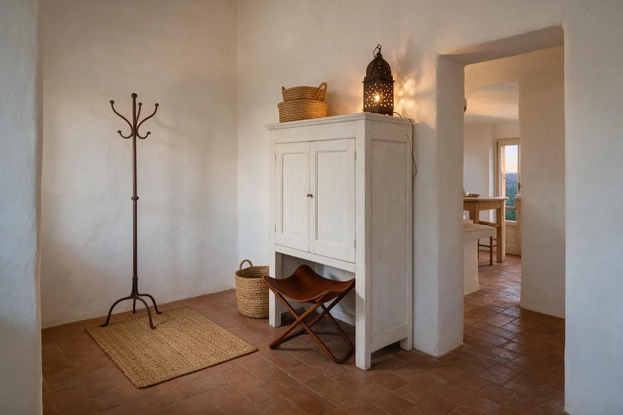A simple Mediterranean-style mudroom with white plaster walls, terracotta tile flooring, and a distressed white storage cabinet. A dark metal coat rack stands on a woven mat beside a wicker basket and a wooden folding stool, while a lantern and straw basket decorate the cabinet top.