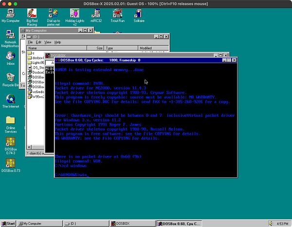 The image displays a DOSBox interface running on Windows 95, showing error messages related to memory and packet drivers.
