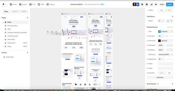 The image displays a design interface for the Interview Sidekick website, showcasing various features and layout options.