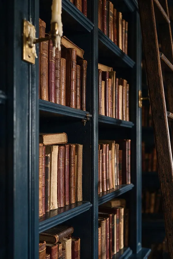 A close-up view of a dark navy built-in bookcase filled with rows of worn antique books in brown, tan, and burgundy leather bindings. A weathered wooden ladder stands at the right edge, and a brass hinge or latch appears in the foreground, adding to the old-world, scholarly atmosphere.
