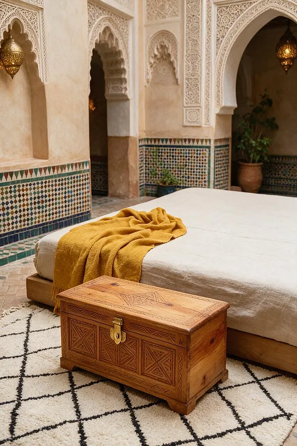 A small carved wooden storage chest sits on a cream rug with a black lattice pattern at the foot of a low bed or daybed. Behind it, a mustard throw drapes over neutral bedding in a courtyard-like room with ornate Moroccan arches, carved plaster details, mosaic tile walls, and warm hanging lanterns.