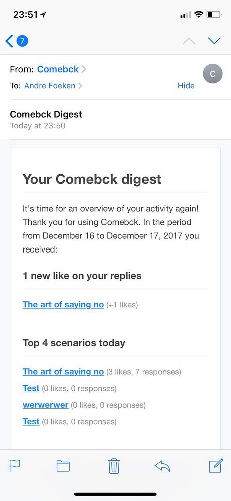 An email digest from Comebck summarizing user activity.