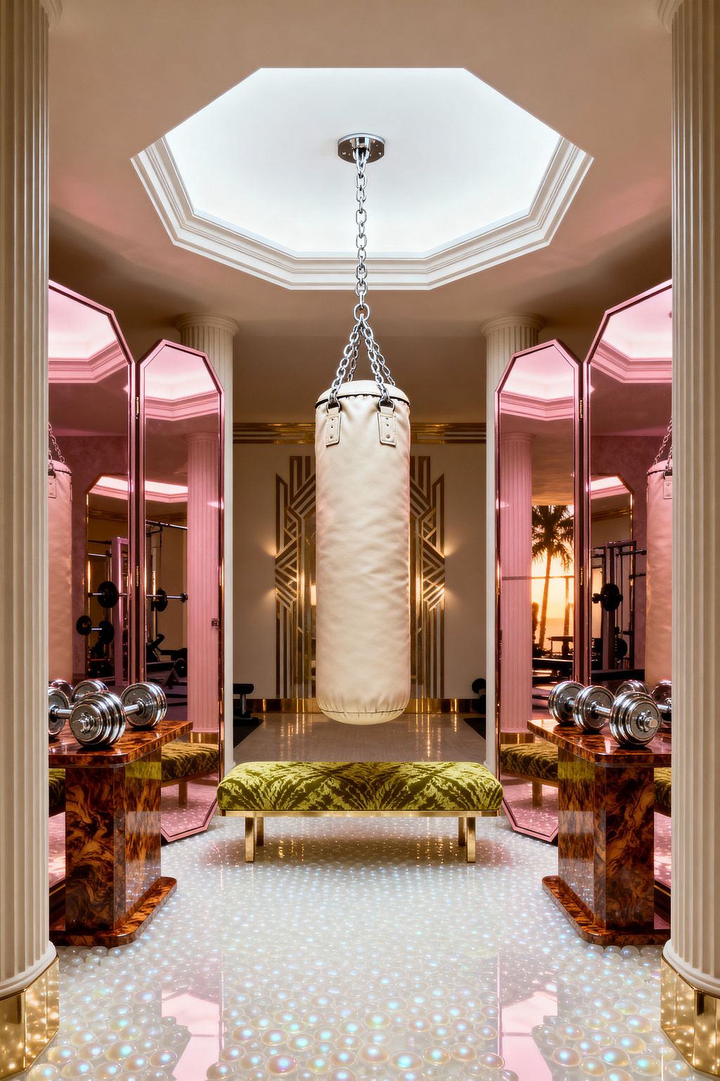 A glamorous home gym with a cream leather heavy bag suspended by a chrome chain beneath an octagonal cove-lit ceiling. Fluted columns frame pink-tinted, faceted mirrors and a gold Art Deco wall motif. At center sits a chartreuse velvet bench with metallic legs on an iridescent, pearlescent floor. High-gloss burl wood plinths hold chrome dumbbells, with brass details and warm rosy lighting creating a symmetrical, luxurious workout setting.
