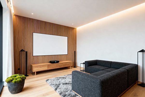 Minimal Scandinavian media room with a full wall of vertical oak slats framing a white projection screen and a low oak media console. A dark charcoal modular sofa sits on a soft gray shag rug facing the screen. Warm cove lighting washes the white ceiling and wall, with two slender black floor speakers and open-frame black lamps flanking the setup. Light oak flooring, sheer white curtains, a small black side table, and a moss-filled planter complete the serene space.