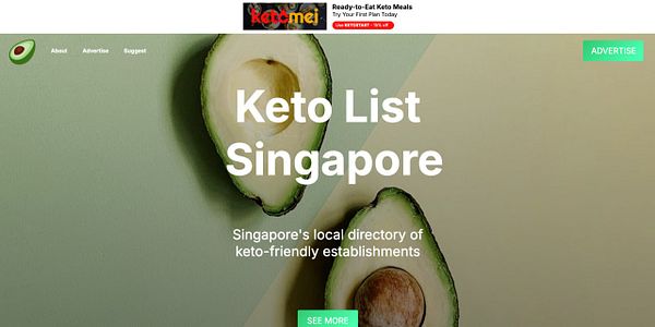 The image displays a website homepage for 'Keto List Singapore' featuring an avocado graphic and promotional content.