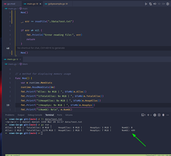 The image displays a code editor with Go programming code and terminal output related to memory usage after loading a text file.