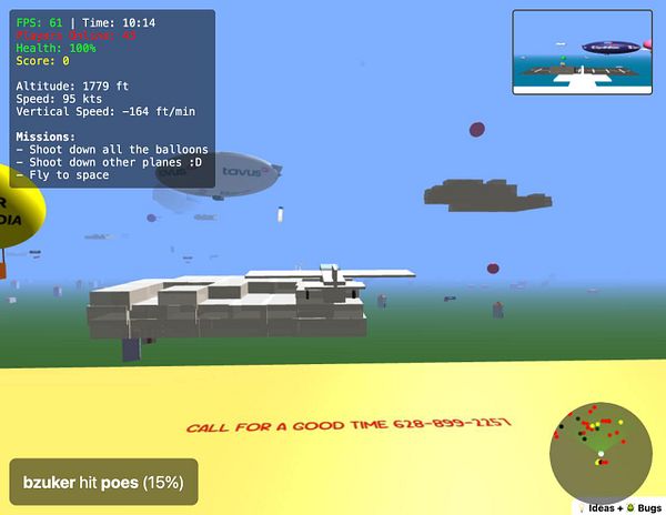 A colorful, blocky virtual landscape featuring an aircraft and various game elements.