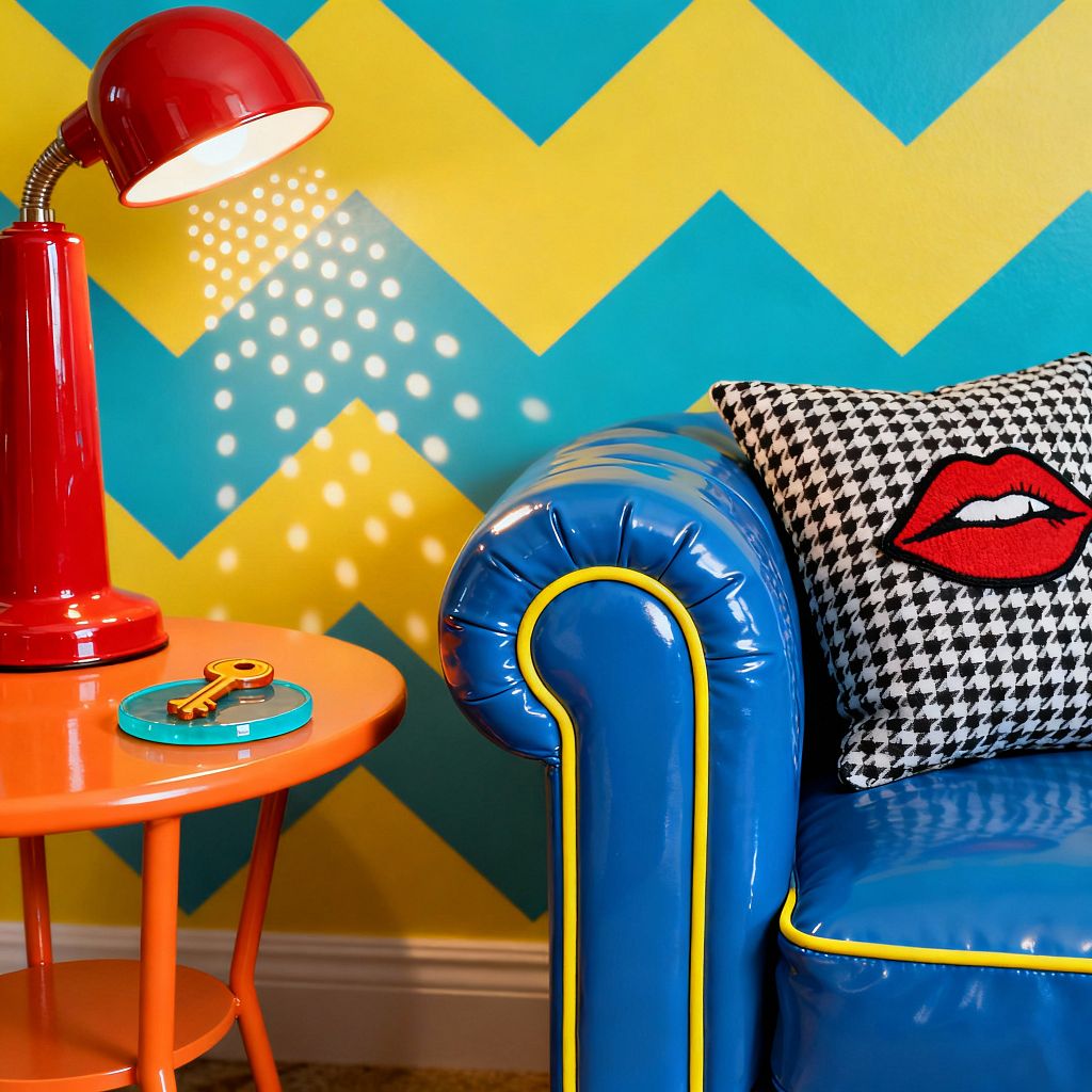 Close-up of a Pop Art living room corner featuring a glossy electric-blue chesterfield-style sofa with lemon-yellow piping beside a vivid orange round side table. A red metal desk lamp with a chrome neck casts dotted light onto a teal wall painted with large yellow zigzag stripes; on the sofa sits a black-and-white houndstooth cushion with an embroidered red lips graphic, while a turquoise coaster and a brass-toned key rest on the table.