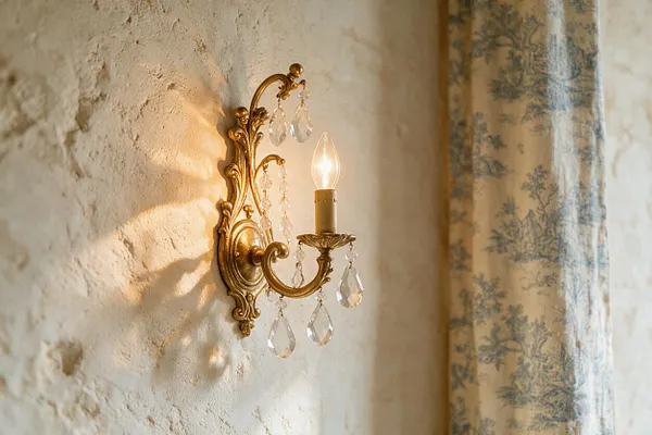 A French Country wall sconce in gilt metal is mounted on a textured plaster wall, with a candle-style bulb and dangling crystal prisms. A soft toile curtain in muted blue and cream hangs beside it, adding a traditional country touch.