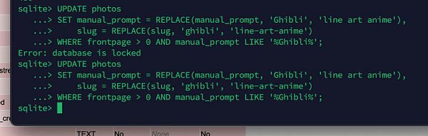 A screenshot of a terminal interface displaying SQL commands and an error message related to database updates.