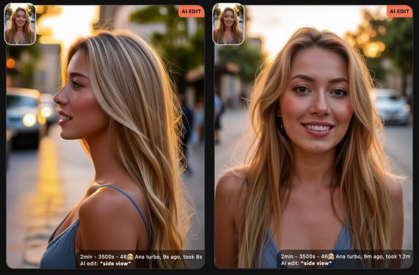 The image features two edited portraits of a woman, showcasing different angles and lighting effects.