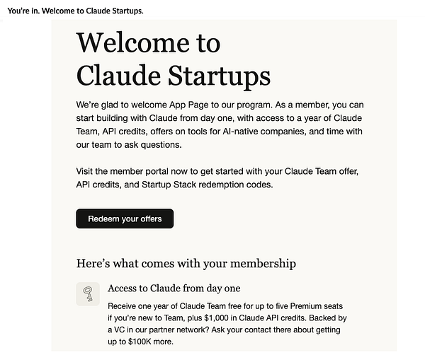 Welcome message and membership benefits for Claude Startups program acceptance.