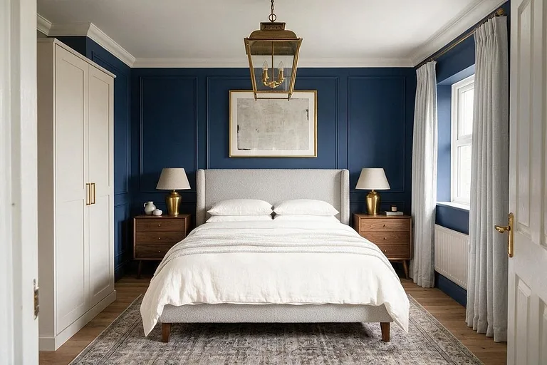A Transitional bedroom in the Navy Retreat palette: navy, white, pale gray, walnut, and brass