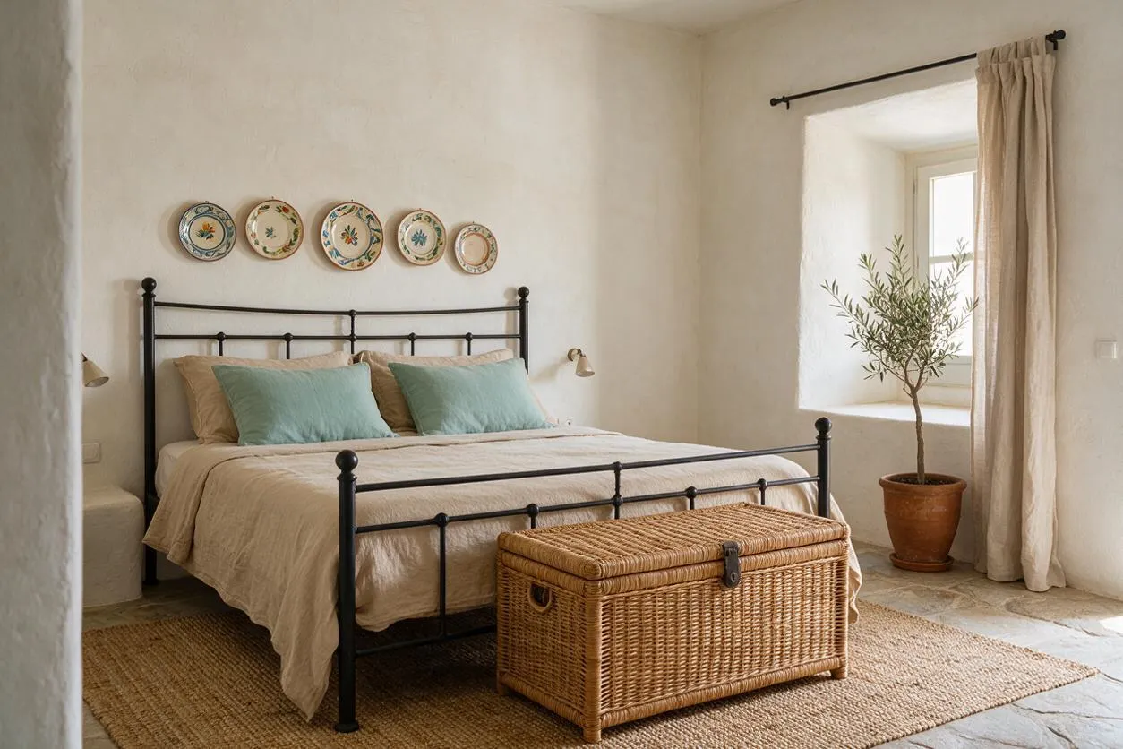 A calm Mediterranean-style bedroom with a black metal bed frame, beige bedding, and soft aqua pillows against white plaster walls. Decorative plates hang above the headboard, while a wicker storage chest, jute rug, terracotta potted tree, and sheer curtains beside a bright window add natural texture and warmth.