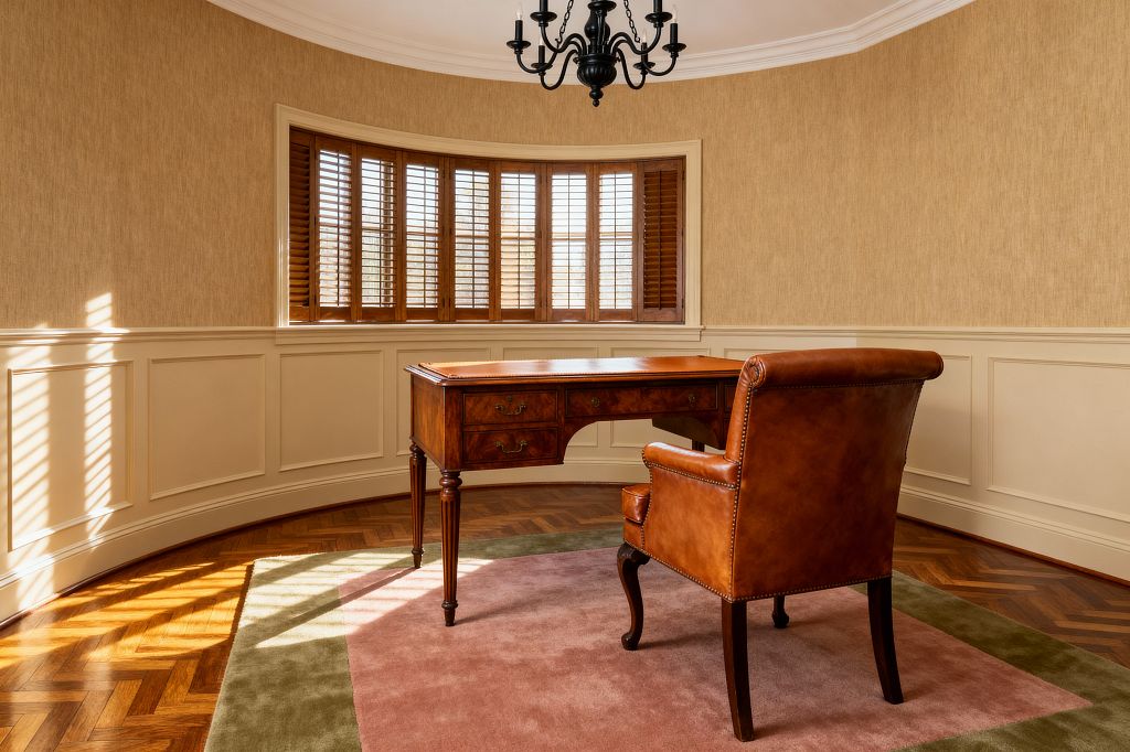 A traditional home office features a curved bay window with wood shutters casting light over a herringbone wood floor. Centered in the room is a mahogany writing desk with a leather inlay and brass pulls, paired with a caramel leather armchair trimmed with nailheads. Cream paneled wainscoting and crown molding wrap the space, above which beige textured wallcovering meets a white ceiling and a black wrought-iron candelabra chandelier.