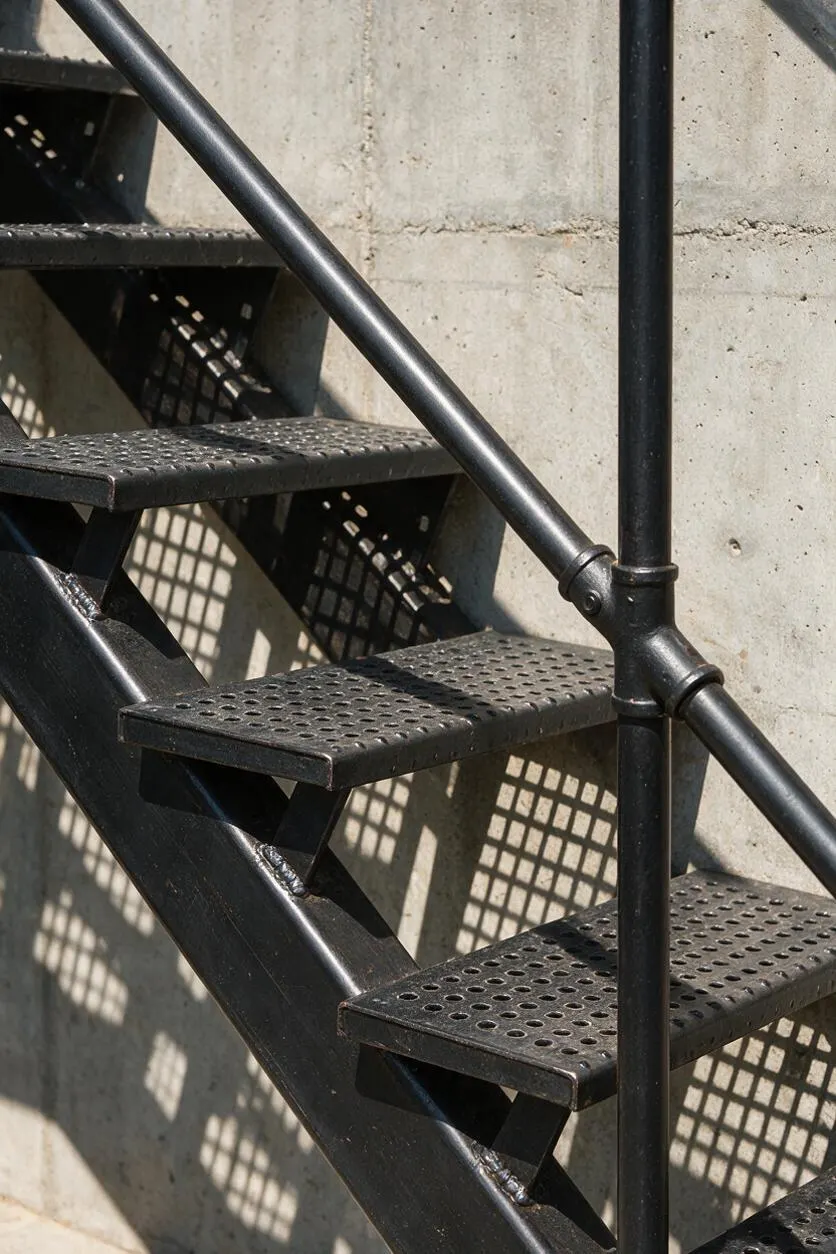 A close-up view of an industrial staircase with black perforated metal treads, diagonal steel supports, and a vertical handrail set against a raw concrete wall. Sunlight creates a grid-like shadow pattern across the steps and wall, highlighting the staircase’s utilitarian design.