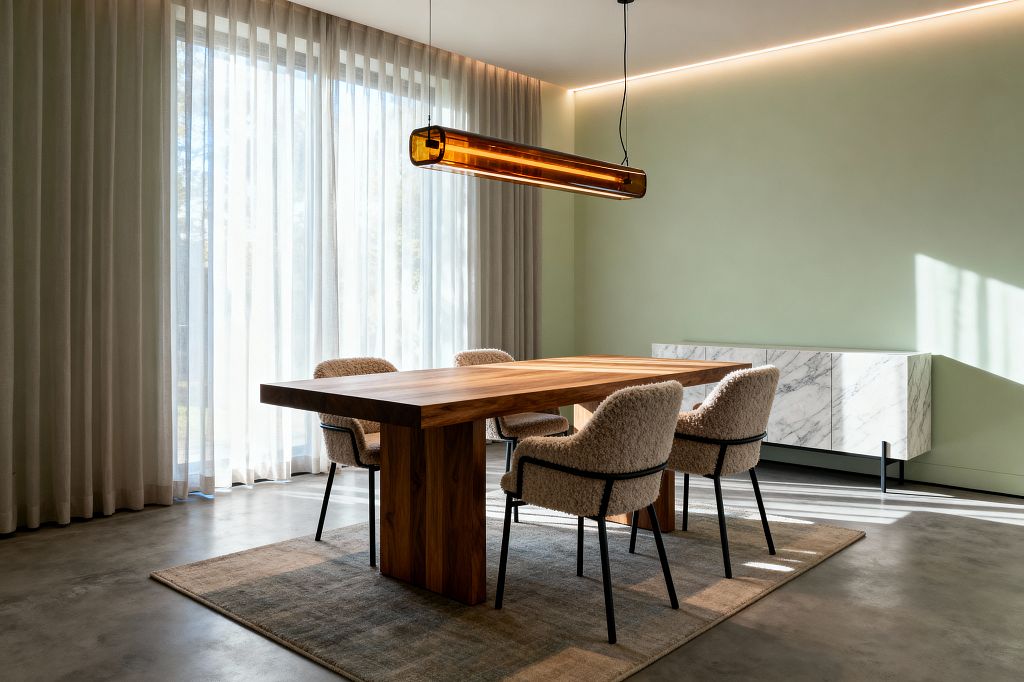 A modern dining room features a thick walnut dining table with four cream boucle chairs on a neutral rug over polished concrete. Floor-to-ceiling windows with white sheers and taupe drapery brighten the room, while a tubular amber glass pendant and a discreet ceiling LED wash a pale sage wall and a low white marble-front credenza, creating a clean, warm, minimal atmosphere.