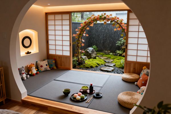 A children’s playroom in Japanese Zen style with gray tatami mats on a raised wood platform, framed by shoji sliding doors and a circular moon‑gate opening. Warm cove lighting lines the ceiling and a backlit wall niche displays a black ink circle. Rattan floor cushions, plush toys, and polka‑dot pillows sit along the edges. The doors open to a small garden with moss, stepping stones, boulders, and a maple arch in the rain, bringing nature close to the space.