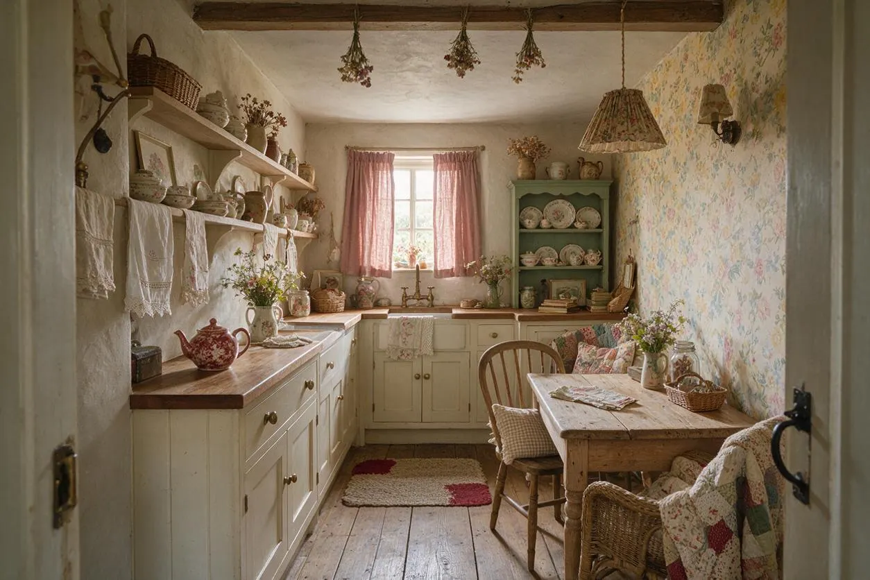 A narrow cottage-style kitchen with cream cabinets, wood countertops, open shelves, and a rustic dining table. Pink curtains, floral wallpaper, woven baskets, pottery, and hanging dried flowers create a warm, romantic atmosphere.