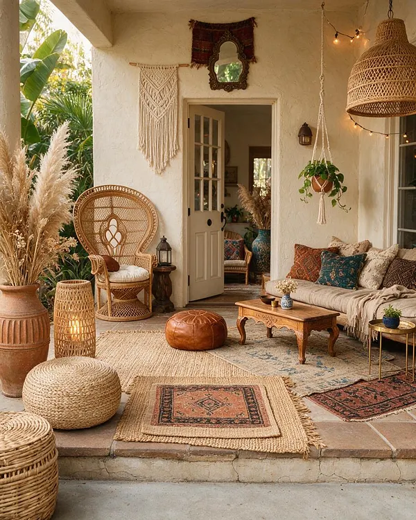 A cozy bohemian-style exterior patio with cream stucco walls, an open French door, and layered rugs on a stone floor. The space features rattan and wicker seating, macramé wall decor, hanging plants, string lights, a leather pouf, terracotta planters, and a neutral sofa with colorful patterned pillows.
