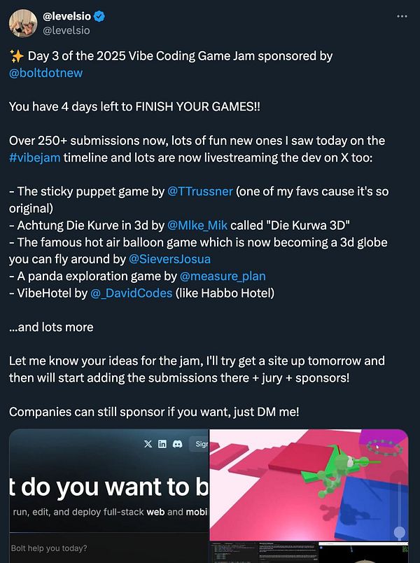 The image features a tweet announcing Day 3 of the 2025 Vibe Coding Game Jam, highlighting various game submissions and encouraging participation.