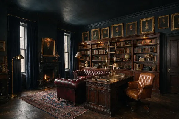 A dramatic home office styled like a private library, with dark painted walls, tall windows dressed in heavy navy drapes, and a carved wood bookcase filled with old books and portraits above it. The room includes a tufted burgundy leather sofa, a tan leather desk chair, a large ornate wooden desk, a patterned Persian-style rug, brass floor and table lamps, and a lit fireplace that adds a warm glow.