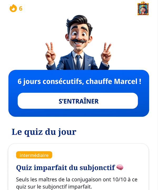 A colorful app interface featuring a character named Marcel encouraging users to train their French skills.
