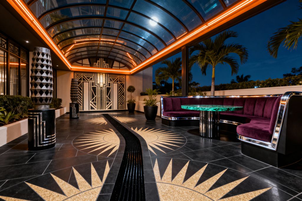 Nighttime patio beneath a curved glass canopy edged with amber LED strips, leading to a geometric black-and-gold Art Deco doorway. The floor is black tile with gold terrazzo sunburst inlays and a wavy central channel. At right, a U-shaped plum velvet banquette with chrome trim surrounds a round green marble table on a black fluted base. Sculptural black-and-silver totems and black planters with tropical plants line the space, with palm trees visible beyond.