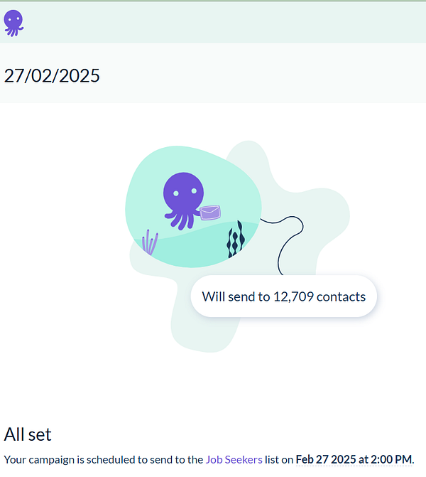 A digital interface displaying a scheduled newsletter campaign for job seekers.