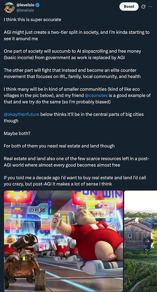 A Twitter post discussing societal splits caused by AGI, highlighting real estate and land as valuable post-AGI assets, accompanied by two contrasting images representing futuristic tech indulgence and eco village living.
