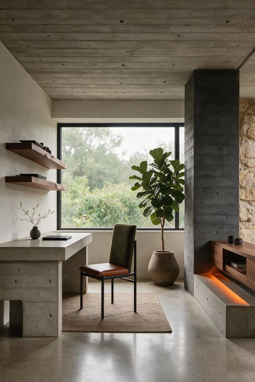 A Brutalist-style home office with a concrete desk and ceiling, a large black-framed window, floating wood shelves, and a sculptural dark concrete column. A simple chair sits on a neutral rug beside a potted fiddle-leaf fig, while warm wood built-ins and an orange-lit niche add contrast.
