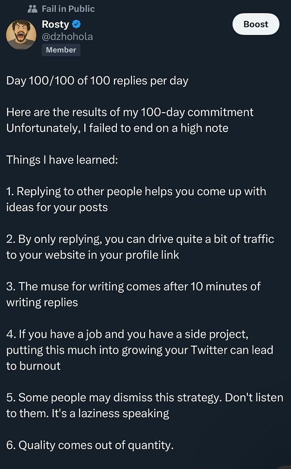 A Twitter post detailing the results of a 100-day commitment to engaging on the platform.