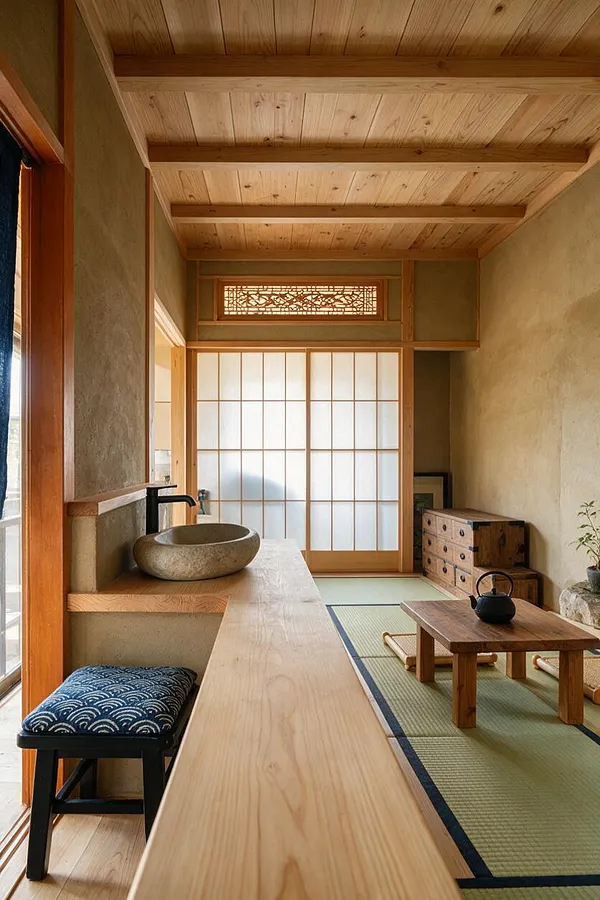 A serene Japanese Zen-style powder room with a long wooden vanity, round stone vessel sink, and matte black faucet. The room features shoji screens, a light wood ceiling with exposed beams, tatami flooring, a low wooden tea table, and warm neutral walls with natural textures.