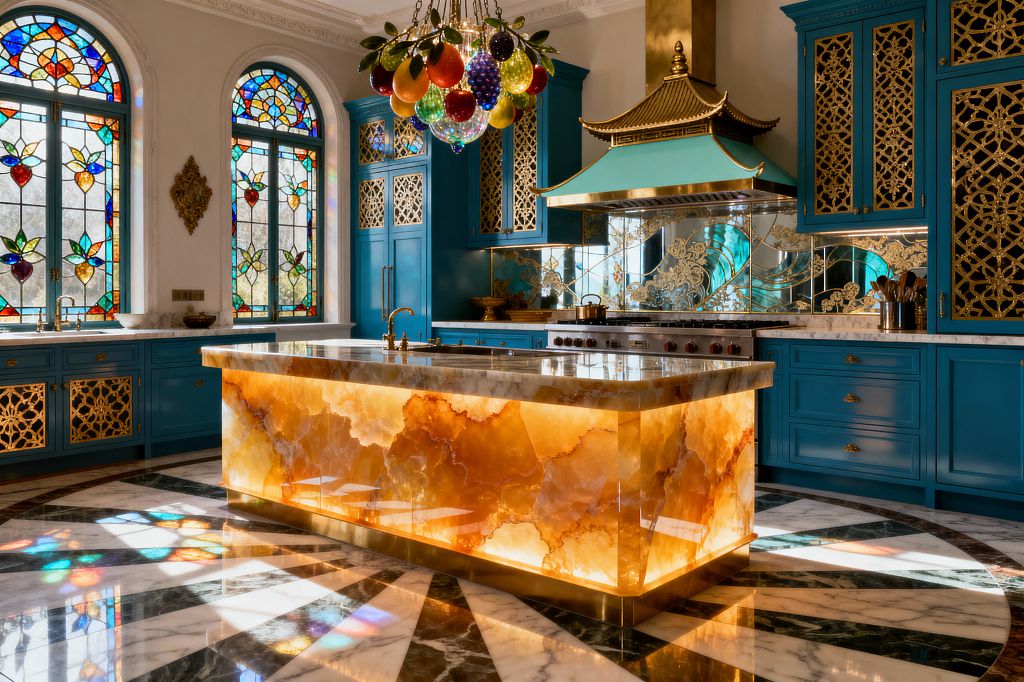 Maximalist kitchen with arched stained-glass windows illuminating teal cabinetry with gold lattice insets and brass hardware, centered by a glowing honey onyx island topped with veined marble. A fruit-shaped glass chandelier, mint-and-brass pagoda range hood, mirrored decorative backsplash, and a black-and-white marble floor reflect colorful light across the room.