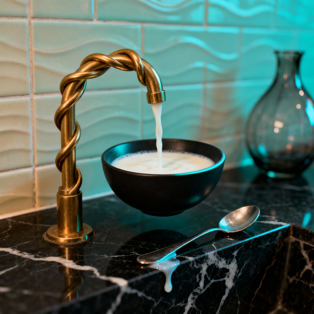 Close-up of a surreal kitchen scene featuring a twisted brass faucet pouring milk into a matte black bowl set on a polished black marble counter with white veining. Behind, a cream-colored, wave-textured tile backsplash is tinted with teal light, while a stainless spoon with a drip of milk rests on the counter edge and a smoky glass vase sits out of focus, highlighting the contrast of warm metal, dark stone, and glossy ceramic.