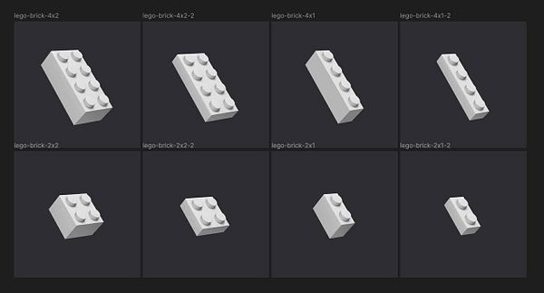 The image displays a grid of various 3D models of LEGO bricks in a neutral color scheme.