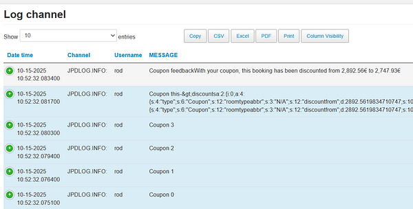 The image displays a log channel interface showing coupon-related messages and their timestamps.