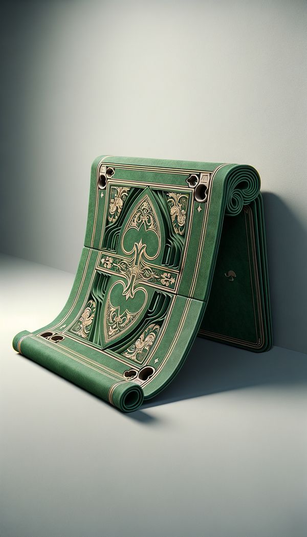 A folded card table leaning against a wall, with one side partially unfolded to show the felt-lined surface and cup holders.