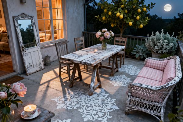 A small patio at dusk features a weathered plank trestle table with mismatched wooden chairs, a whitewashed wicker loveseat with pink gingham cushions, and a glass vase of peonies with a lit candle. White damask stencils decorate the concrete floor, an antique mirrored door leans near warm glowing windows, and potted plants including a lemon tree and silvery foliage border the railing, with a full moon visible beyond.