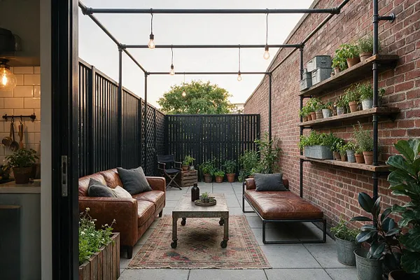 A narrow industrial-style backyard lounge with exposed red brick walls, black metal fencing, and overhead pipe frames strung with bare bulbs. Leather seating, a worn rug, potted plants, and wood shelves create a warm, urban outdoor retreat.