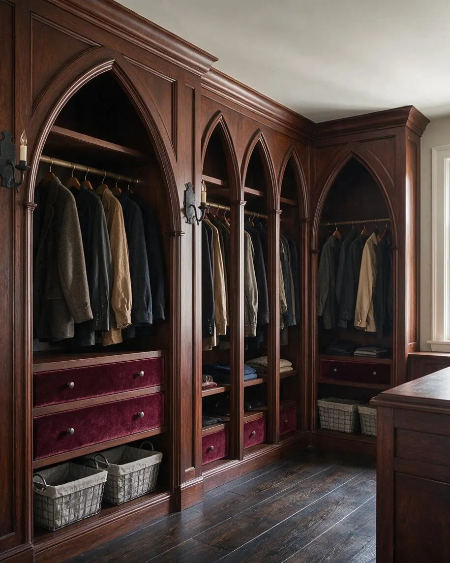 A custom closet with dark carved wood cabinetry featuring pointed Gothic arches over open hanging sections. Burgundy velvet drawers, woven storage baskets, and dark wood flooring create a moody, elegant atmosphere.