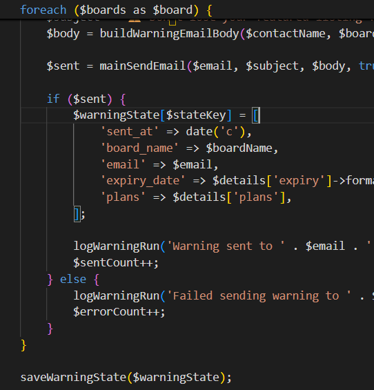 Screenshot of a code editor showing code for a Slack bot that posts a warning about pausing a featured listing.