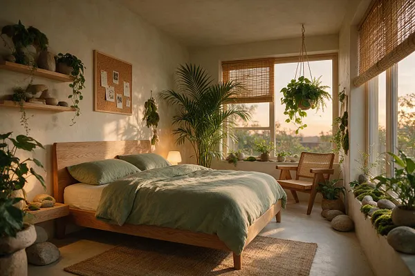 A serene master bedroom filled with natural light, featuring a low wooden bed with soft green bedding, woven window shades, hanging and potted plants, and stone accents along the floor and windowsill. A small chair sits by the window, creating a calm biophilic retreat.