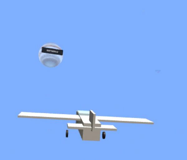A simplistic 3D rendering of a small airplane flying towards a stylized representation of the planet Jupiter.