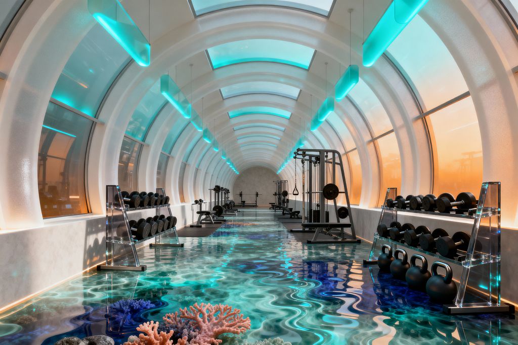 A tunnel-like home gym with white arched ribs and teal-lit skylights features gradient windows glowing orange, while a glossy epoxy floor depicts a 3D underwater scene with rippling water and coral forms for a surreal, psychedelic effect. Transparent acrylic racks hold black dumbbells and kettlebells beside steel machines and benches on black mats, with cove lighting along the walls amplifying reflections and the aquatic palette.