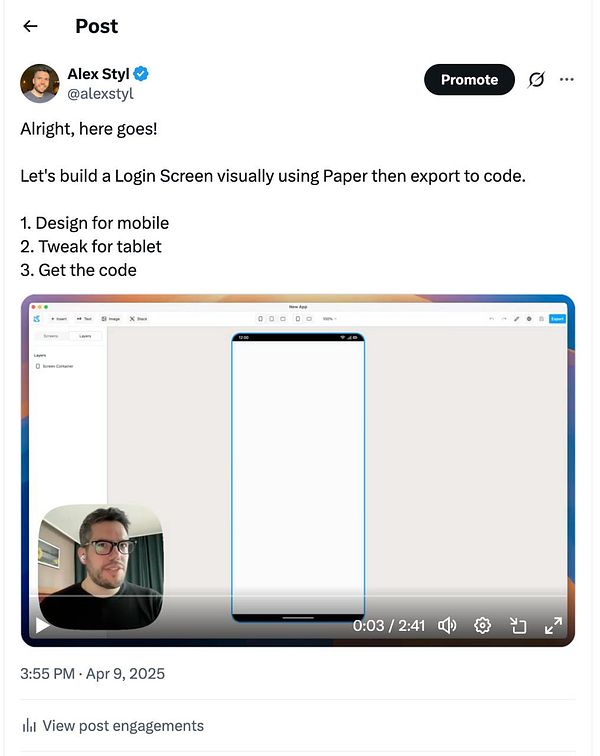 A video post featuring a tutorial on designing a login screen using the Paper app.